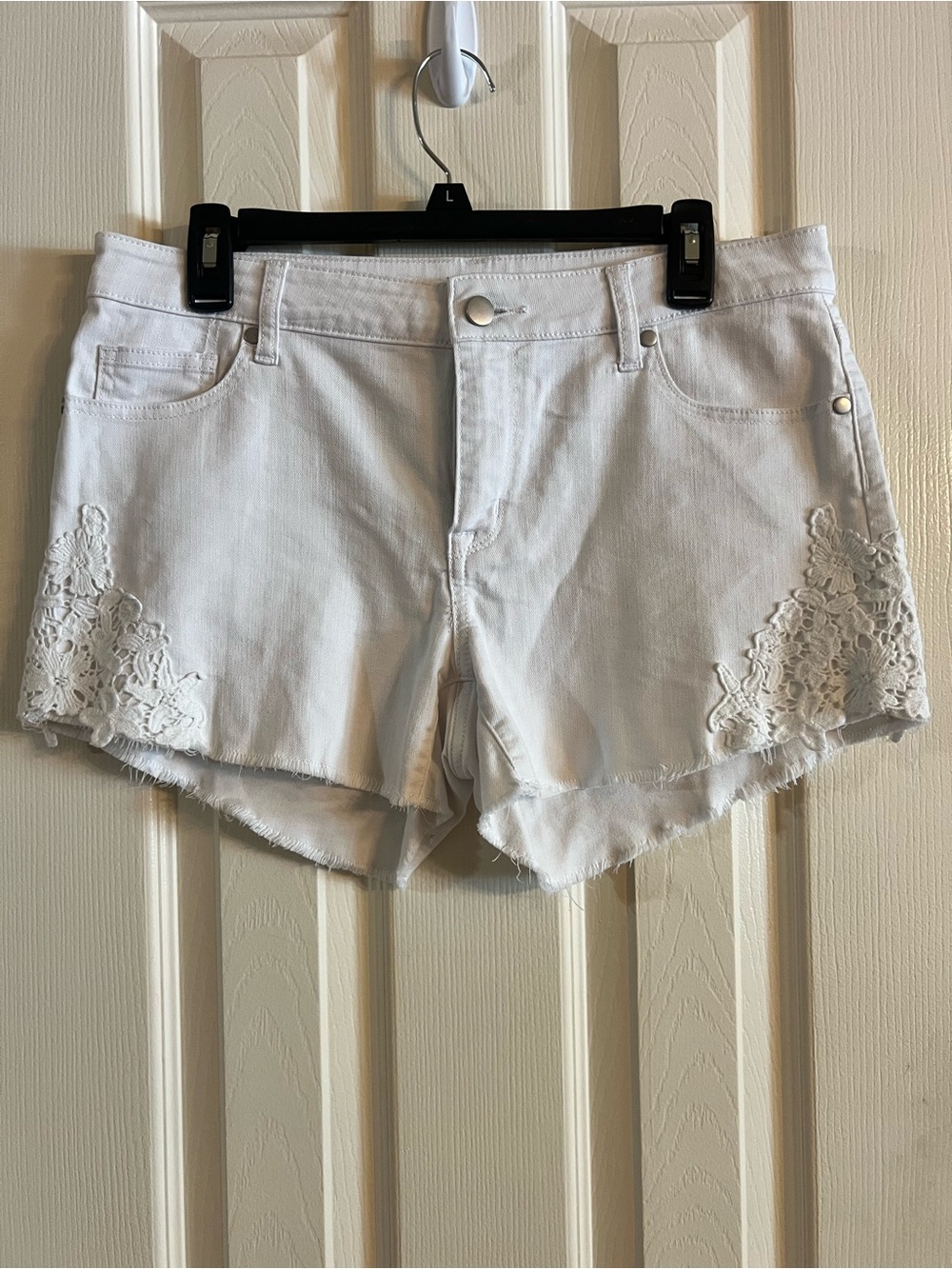 LC Lauren Conrad White Denim Shorts with Lace Appliqué Trim
